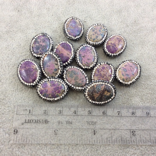Single Rhinestone Encrusted Purple Aqua Terra (Sea Sediment) Jasper Oval Shaped Bead - Measuring 17mm x 22mm, Approx. - Individual, RANDOM