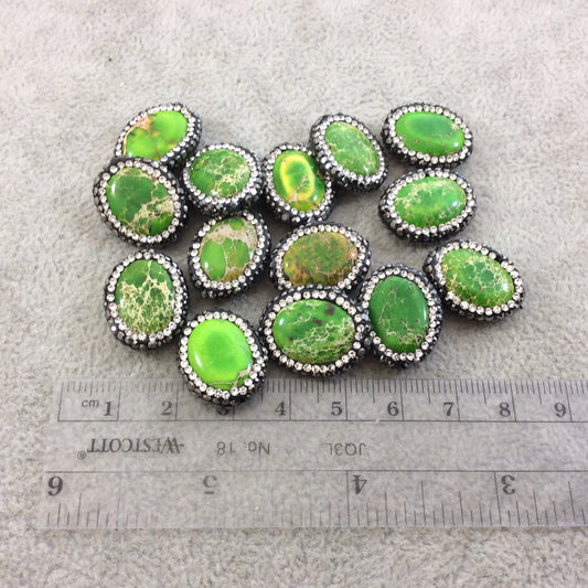 Single Rhinestone Encrusted Green Aqua Terra (Sea Sediment) Jasper Oval Shaped Bead - Measuring 17mm x 22mm, Approx. - Individual, RANDOM