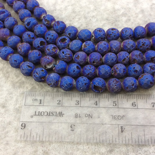 8mm Faceted Matte Finish Premium Metallic Deep Blue Druzy Agate Round Shaped Beads with 1mm Holes - Sold by 7.75" Strands (Approx. 25 Beads)