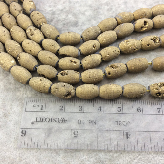 8mm x 12mm Matte Finish Premium Metallic Gold Druzy Agate Rice/Barrel Beads with 1mm Holes - Sold by 7.75" Strands (Approx. 17 Beads)