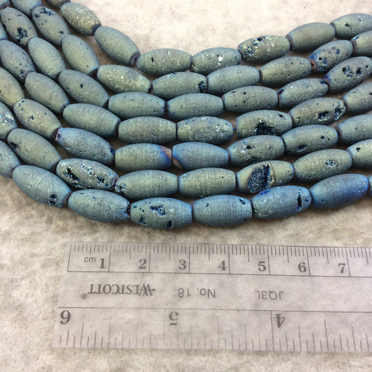 8mm x 16mm Matte Finish Premium Light Blue/Gold Druzy Agate Rice/Barrel Beads with 1mm Holes - Sold by 7.75" Strands (Approx. 12 Beads)