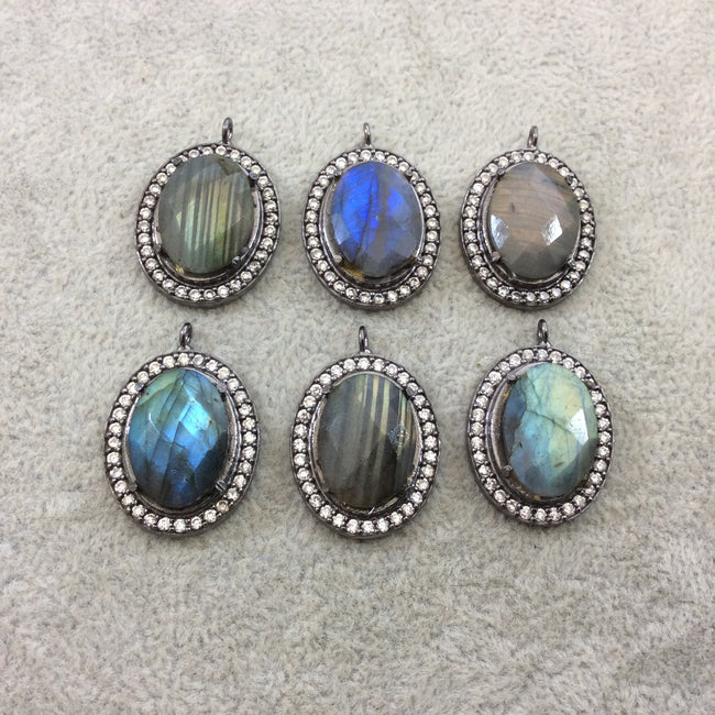 Cubic Zirconia Encrusted Natural Labradorite  Faceted Oval Shaped Gunmetal Plated Focal Pendant - Measuring 21mm x 25mm - Individual, Random