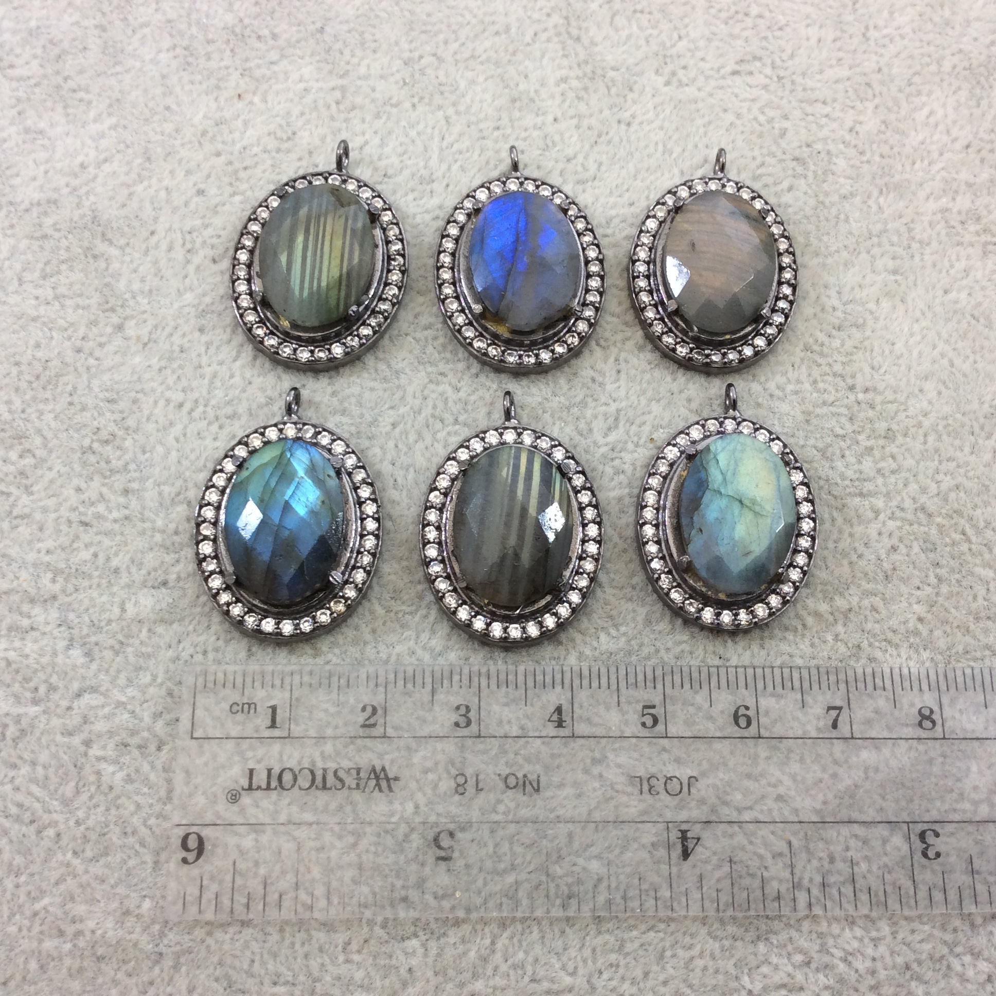 Cubic Zirconia Encrusted Natural Labradorite  Faceted Oval Shaped Gunmetal Plated Focal Pendant - Measuring 21mm x 25mm - Individual, Random