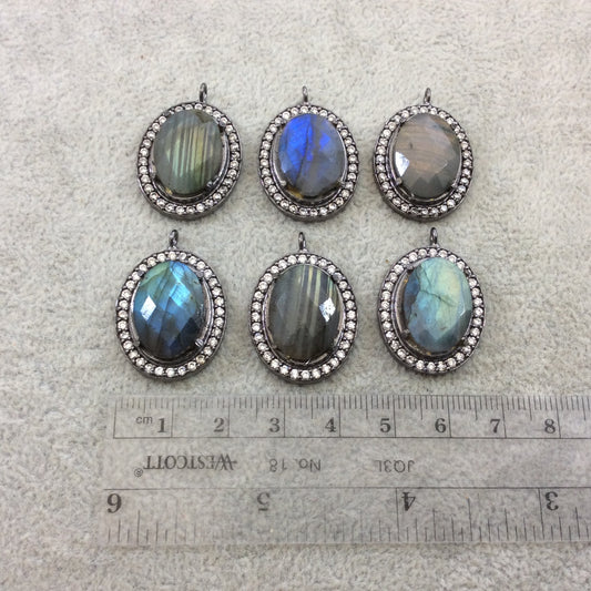Cubic Zirconia Encrusted Natural Labradorite  Faceted Oval Shaped Gunmetal Plated Focal Pendant - Measuring 21mm x 25mm - Individual, Random