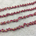 Gold Plated Copper Double Dangle Rosary Chain with 3-4mm Faceted Natural Ruby Rondelle Beads - Sold by 1' Cut Sections or in Bulk!