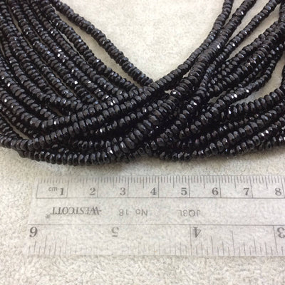 2mm x 4mm Faceted Glossy Finish Natural Jet Black Agate Rondelle Shaped Beads with 1mm Holes - Sold by 15" Strands (Approx. 190 Beads)