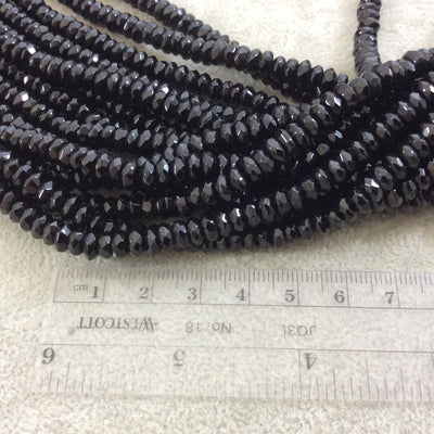 3mm x 6mm Faceted Glossy Finish Natural Jet Black Agate Rondelle Shaped Beads with 1mm Holes - Sold by 15.5" Strands (Approx. 124 Beads)