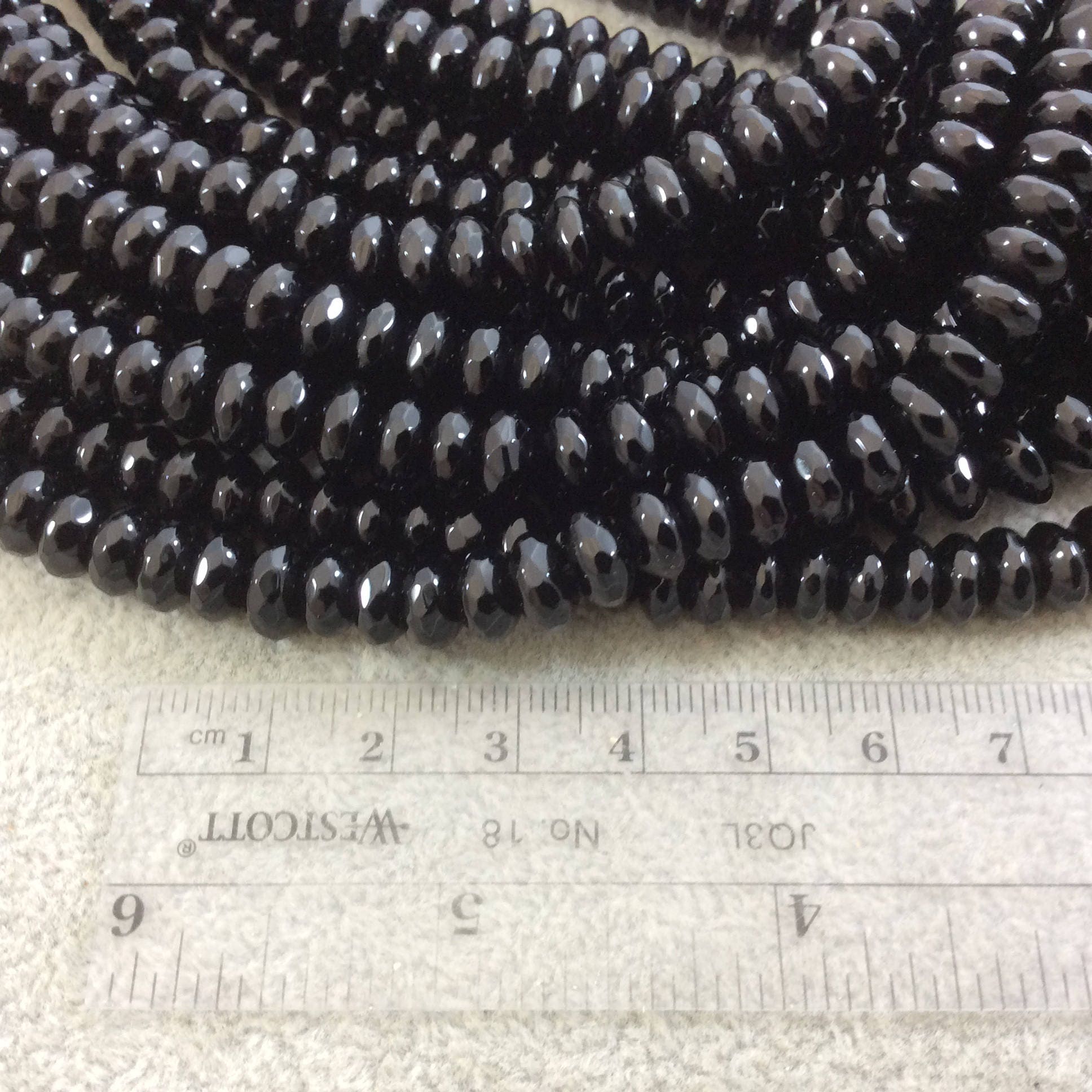 4mm x 8mm Faceted Glossy Finish Natural Jet Black Agate Rondelle Shaped Beads with 1mm Holes - Sold by 15.5" Strands (Approx. 99 Beads)