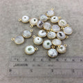 Gold Plated Faceted Natural White/Green Solar Quartz Round/Coin Shaped Bezel Pendant - Measuring 12mm x 12mm - Sold Individually, RANDOM