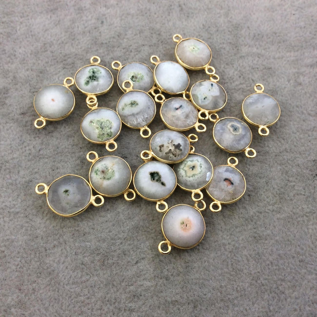 Gold Plated Faceted Natural White/Green Solar Quartz Round/Coin Shaped Bezel Connector - Measuring 12mm x 12mm - Sold Individually, RANDOM