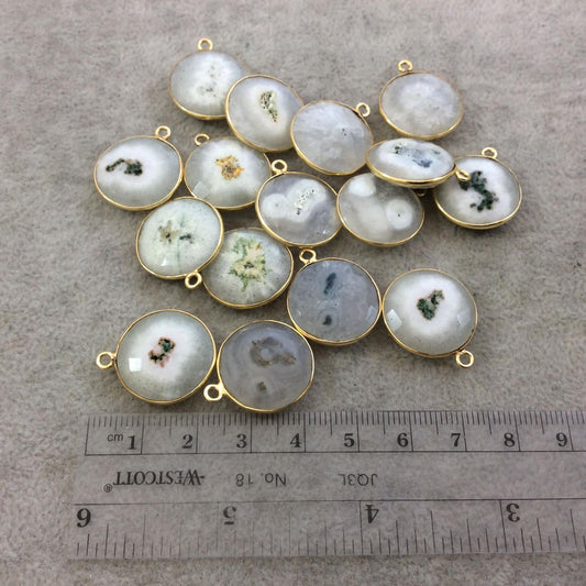 Gold Plated Faceted Natural White/Green Solar Quartz Round/Coin Shaped Bezel Pendant - Measuring 18mm x 18mm - Sold Individually, RANDOM