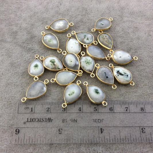 Gold Plated Faceted Natural White/Green Solar Quartz Teardrop Shaped Bezel Connector - Measuring 10mm x 15mm - Sold Individually, RANDOM