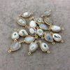 Gold Plated Faceted Natural White/Green Solar Quartz Teardrop Shaped Bezel Connector - Measuring 10mm x 15mm - Sold Individually, RANDOM