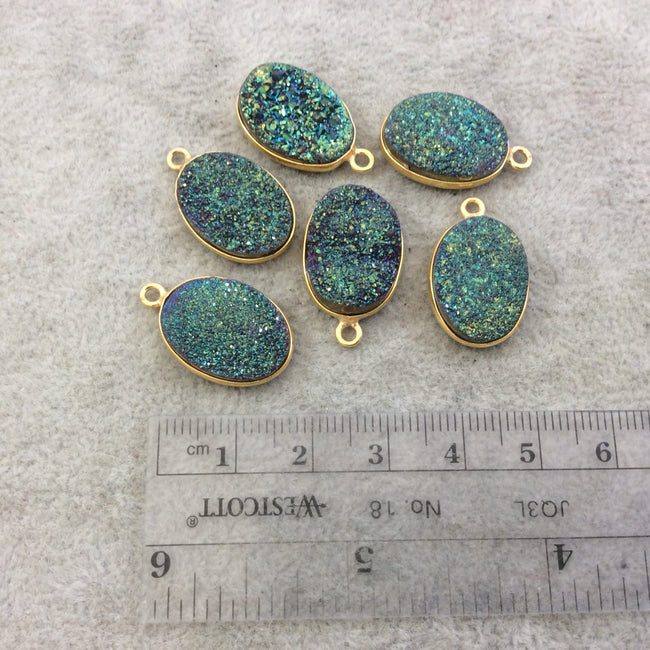 Gold Electroplated Natural Green/Blue Titanium Druzy Agate Oval Shaped Bezel Pendant - Measuring 13mm x 18mm, Approx. - Individual, Random