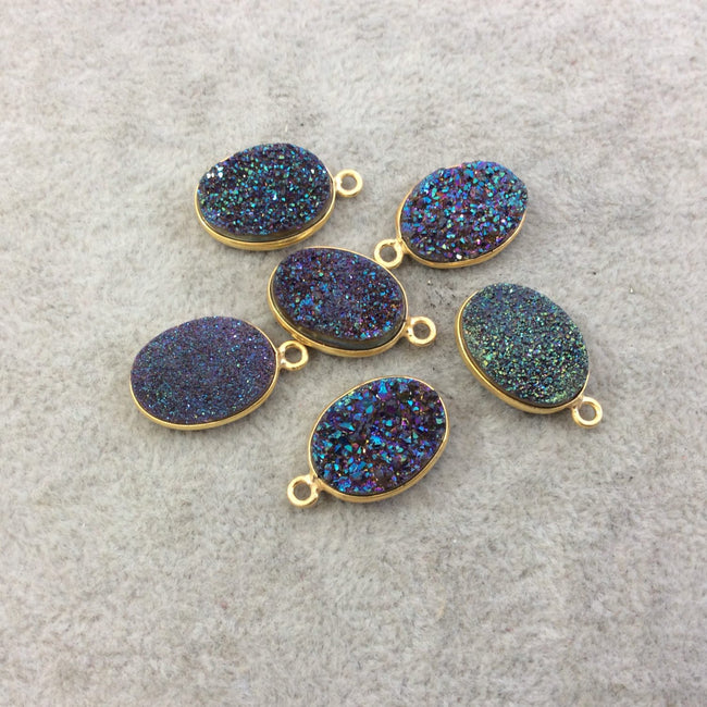 Gold Electroplated Natural Rainbow Titanium Druzy Agate Oval Shaped Bezel Pendant - Measuring 12mm x 16mm, Approx. - Individual, Random