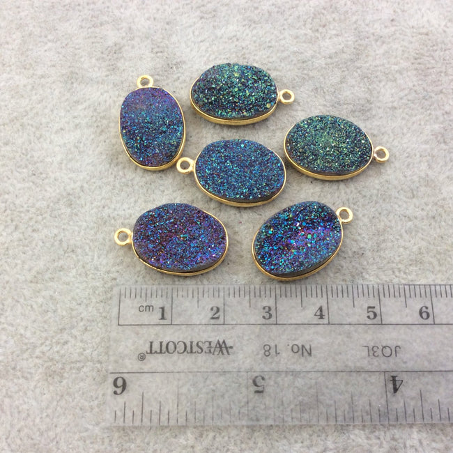 Gold Electroplated Natural Rainbow Titanium Druzy Agate Oval Shaped Bezel Pendant - Measuring 13mm x 18mm, Approx. - Individual, Random