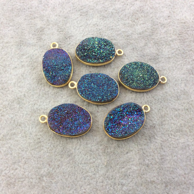 Gold Electroplated Natural Rainbow Titanium Druzy Agate Oval Shaped Bezel Pendant - Measuring 13mm x 18mm, Approx. - Individual, Random
