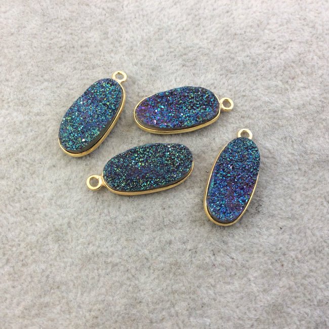 Gold Electroplated Natural Rainbow Titanium Druzy Agate Oval Shaped Bezel Pendant - Measuring 10mm x 20mm, Approx. - Individual, Random
