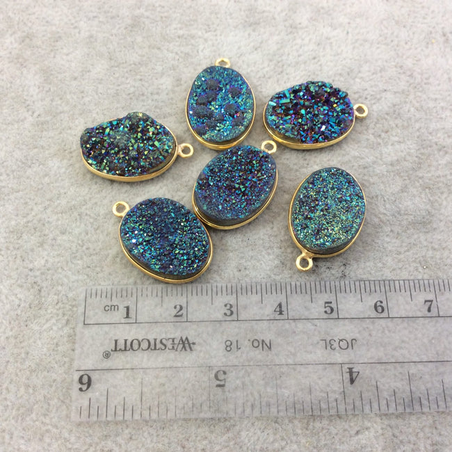Gold Plated Natural Rainbow Titanium Druzy Agate Oval Shaped Bezel Pendant - Measuring 15mm x 20mm, Approx. - Individual, Random