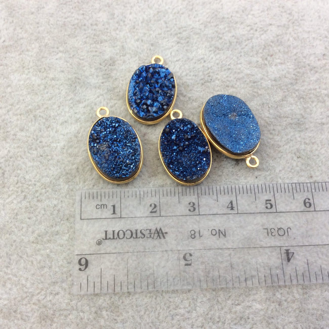 Gold Electroplated Natural Deep Blue Titanium Druzy Agate Oval Shaped Bezel Pendant - Measuring 13mm x 18mm, Approx. - Individual, Random