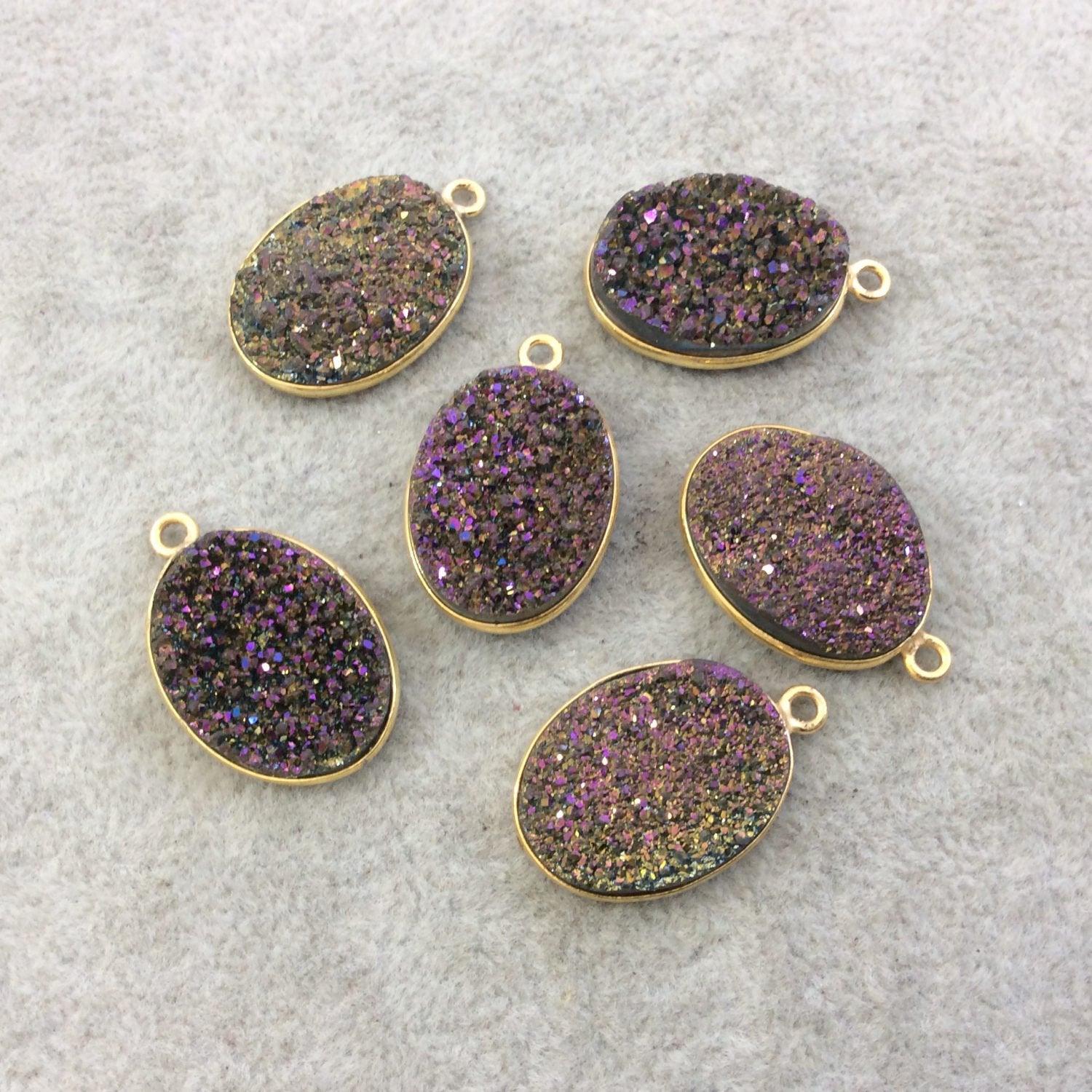 Gold Electroplated Natural Purple/Gold Titanium Druzy Agate Oval Shaped Bezel Pendant - Measuring 15mm x 20mm, Approx. - Individual, Random