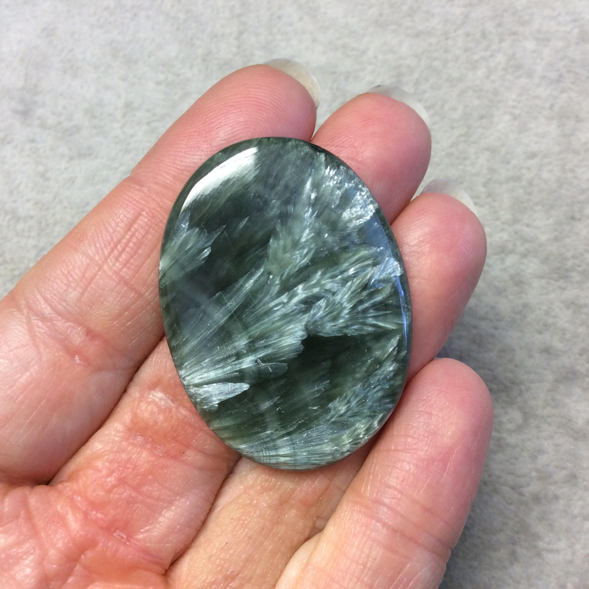OOAK Natural Green Seraphinite Oblong Oval Shaped Flat Back Cabochon - Measuring 32mm x 43mm, 5mm Dome Height - Gemstone Cab