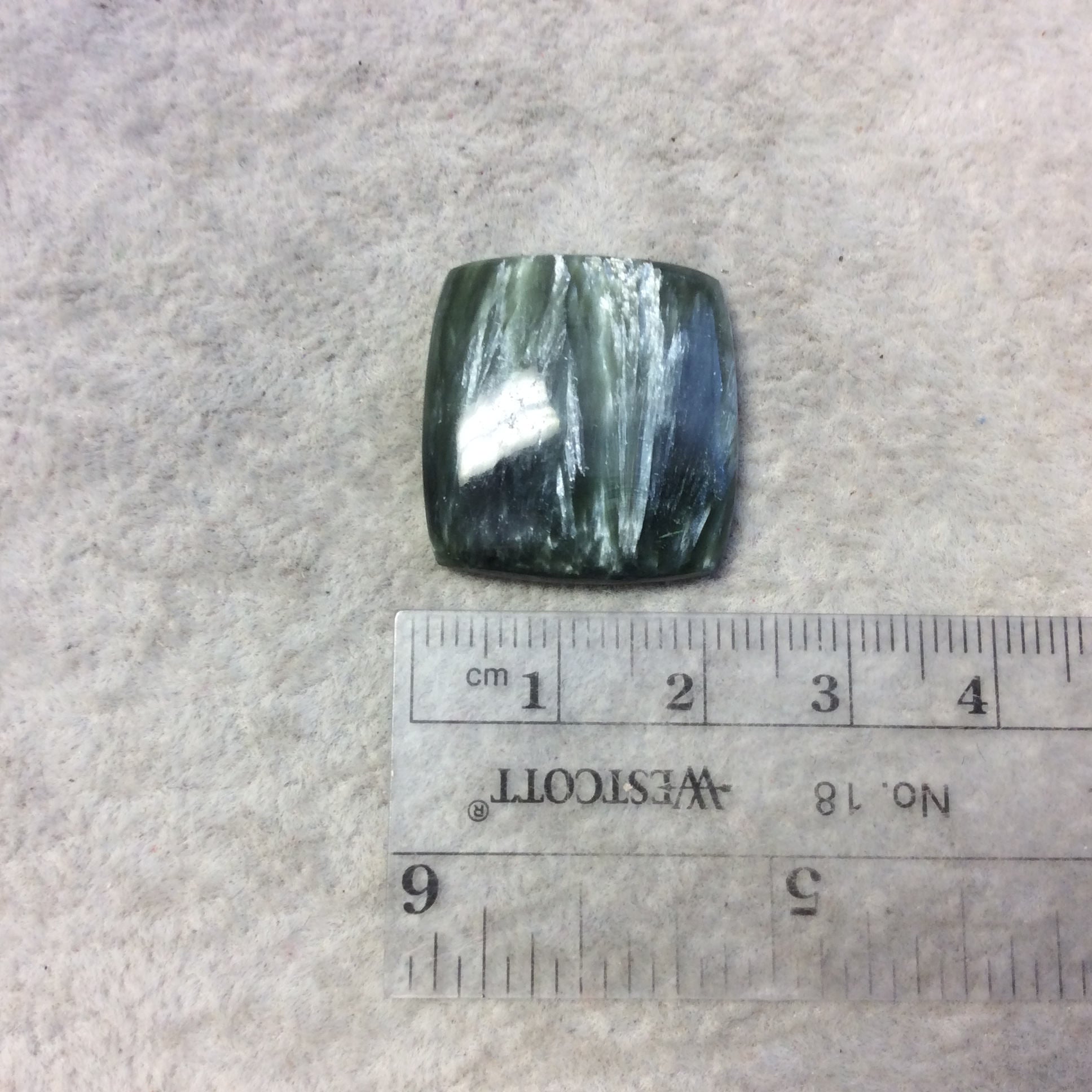 OOAK Natural Green Seraphinite Rounded Square Shaped Flat Back Cabochon - Measuring 22mm x 24mm, 5.5mm Dome Height - Gemstone Cab