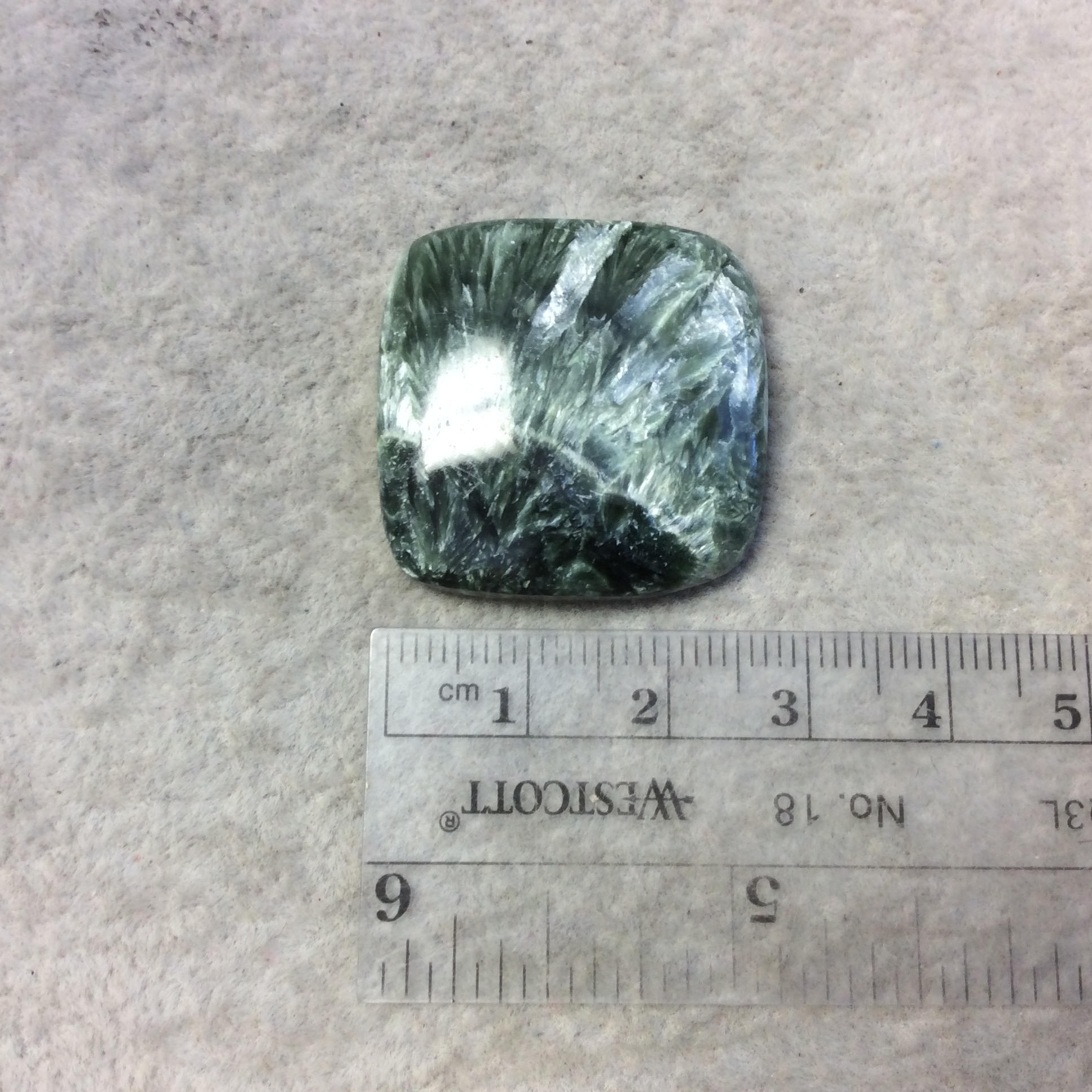 OOAK Natural Green Seraphinite Rounded Square Shaped Flat Back Cabochon - Measuring 28.5mm x 28mm, 6mm Dome Height - Gemstone Cab