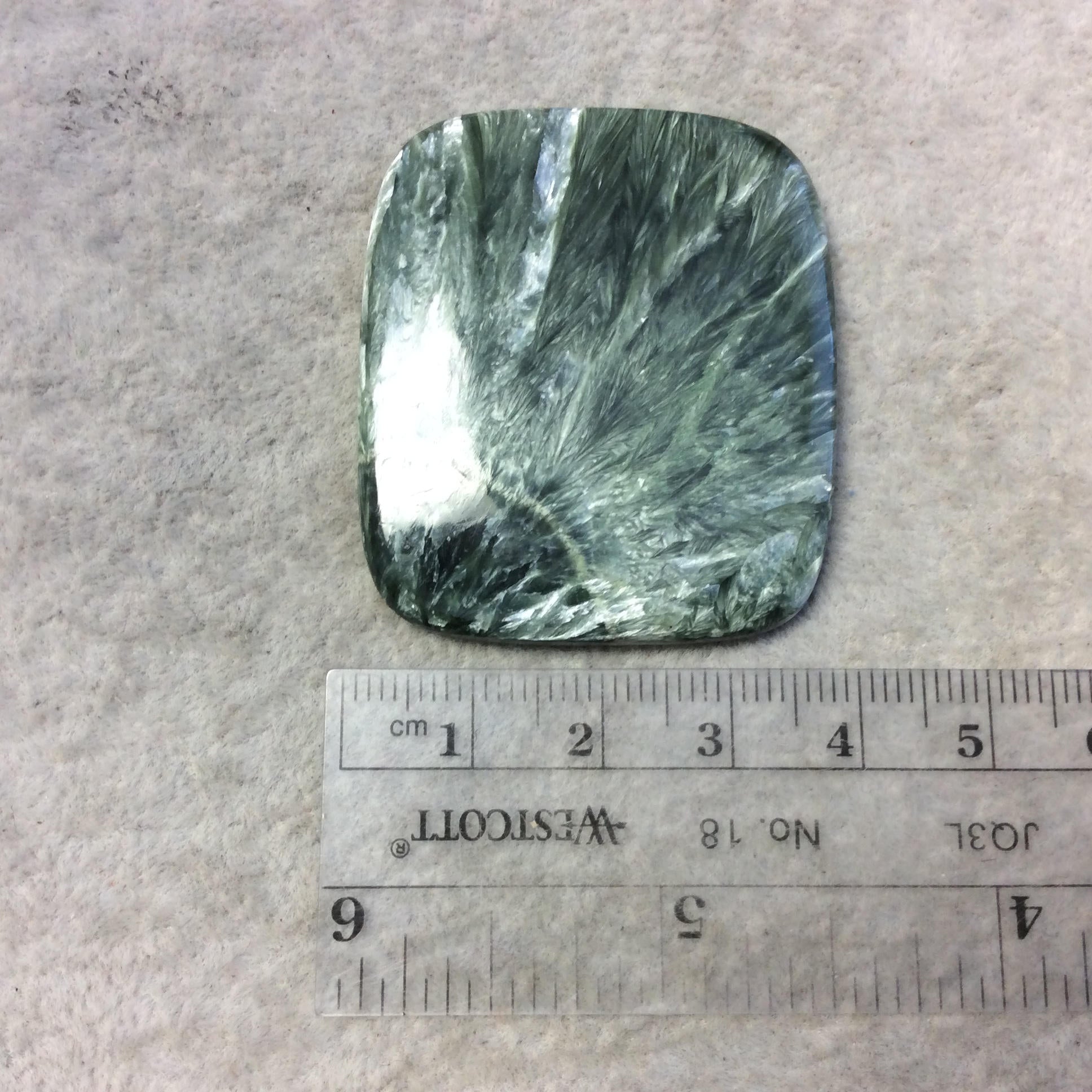 OOAK Natural Green Seraphinite Rectangle Shaped Flat Back Cabochon - Measuring 38mm x 44mm, 4.5mm Dome Height - Gemstone Cab