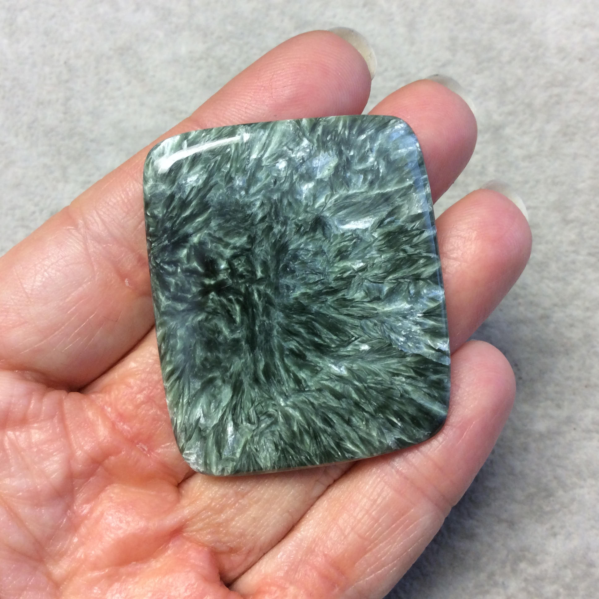 OOAK Natural Green Seraphinite Rectangle Shaped Flat Back Cabochon - Measuring 40mm x 47mm, 5mm Dome Height - Gemstone Cab