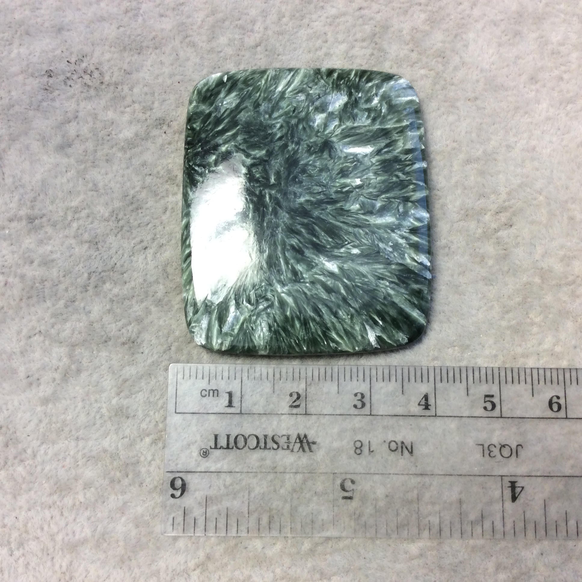 OOAK Natural Green Seraphinite Rectangle Shaped Flat Back Cabochon - Measuring 40mm x 47mm, 5mm Dome Height - Gemstone Cab