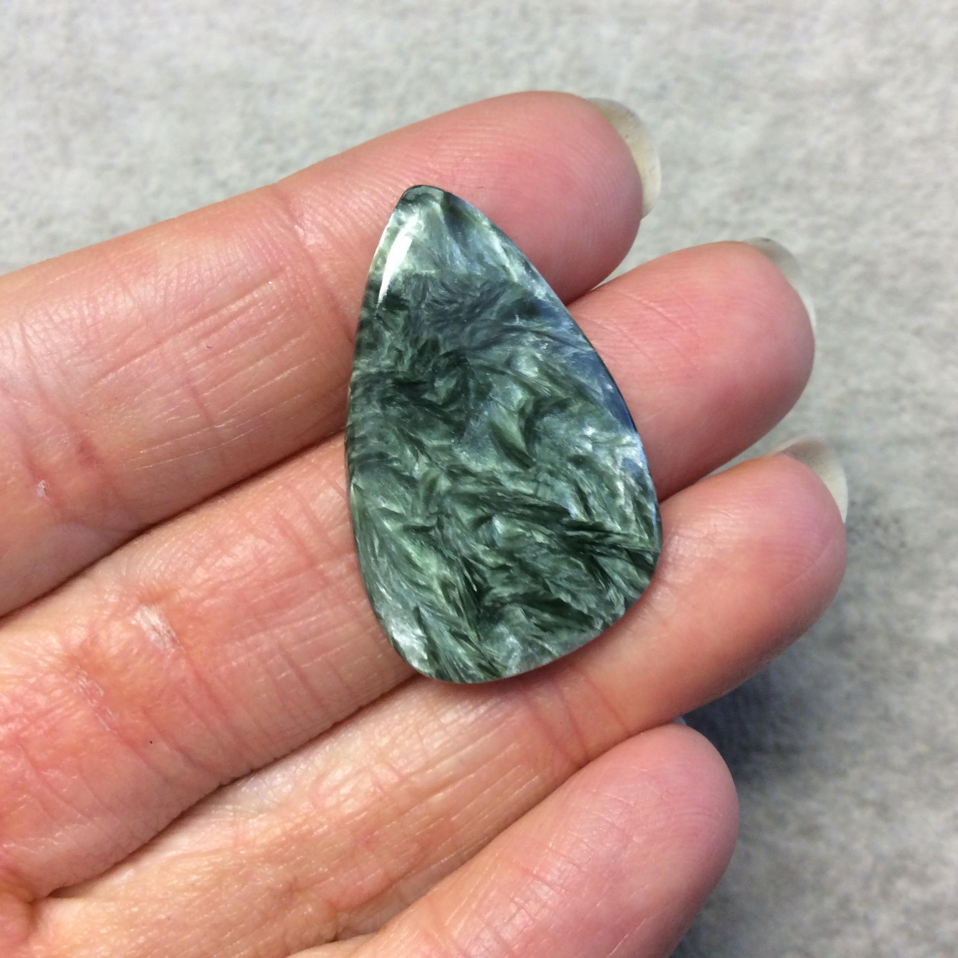 OOAK Natural Green Seraphinite Freeform Tear Shaped Flat Back Cabochon - Measuring 21mm x 33mm, 3.5mm Dome Height - Gemstone Cab