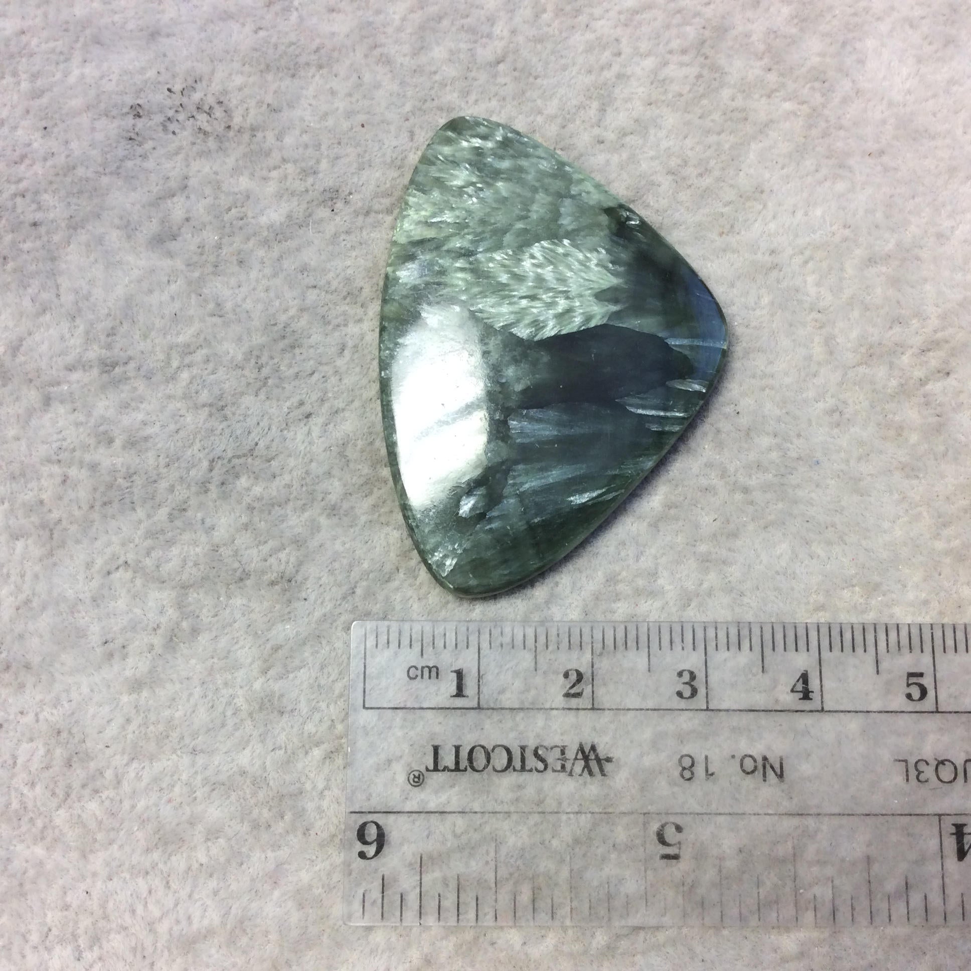 OOAK Natural Green Seraphinite Freeform Sail Shaped Flat Back Cabochon - Measuring 32mm x 46mm, 3.5mm Dome Height - Gemstone Cab