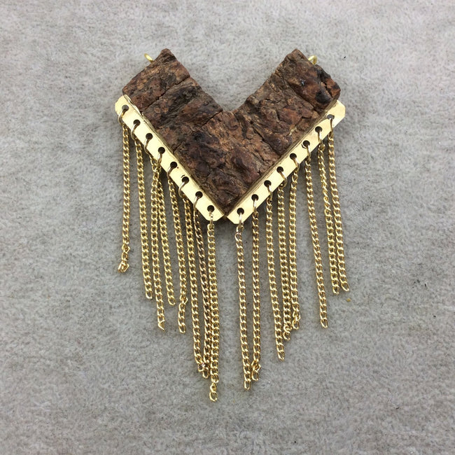 2.5" Flat Chevron Arrow Shaped Natural Brown Wood/Bark Pendant with Gold Plated Chains - Measuring 63mm x 53mm, Approx. 