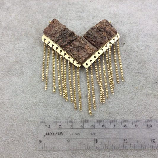 3" Wide Chevron Arrow Shaped Natural Brown Wood/Bark Pendant with Gold Plated Chains - Measuring 78mm x 55mm, Approx.