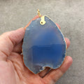 OOAK Extra Large Gold Electroplated Light Blue Druzy Freeform Shaped Agate Slice Focal Pendant - Measuring 61mm x 78mm, Approximately