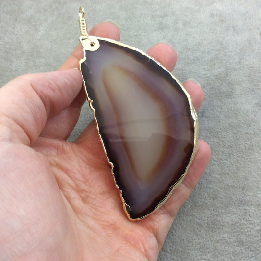 OOAK Extra Large Gold Electroplated Brown/Gray Druzy Freeform Shaped Agate Slice Focal Pendant - Measuring 49mm x 90mm, Approximately
