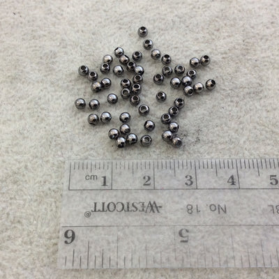 3mm Glossy Finish Gunmetal Plated Brass Round/Ball Shaped Metal Spacer Beads with 1mm Holes - Loose, Sold in Pre-Packed Bags of 50 Beads