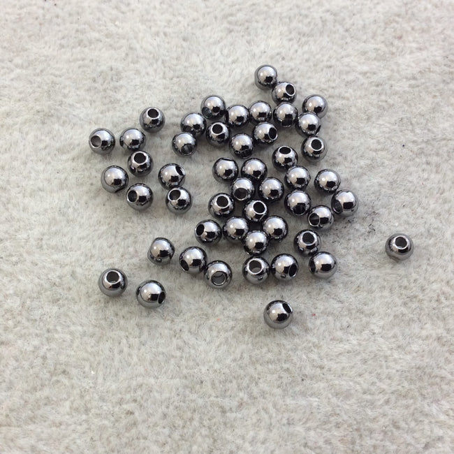 4mm Glossy Finish Gunmetal Plated Brass Round/Ball Shaped Metal Spacer Beads with 1mm Holes - Loose, Sold in Pre-Packed Bags of 50 Beads