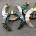 3.75" Iridescent Gray Double Ended Crescent Shape Natural Abalone Pendant with Plain Gold Plated Bail - Measuring 93mm x 85mm