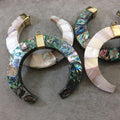 3.75" Iridescent Gray Fishhook Crescent Shaped Natural Abalone Pendant with Plain Gold Plated Bail - Measuring 94mm x 100mm 