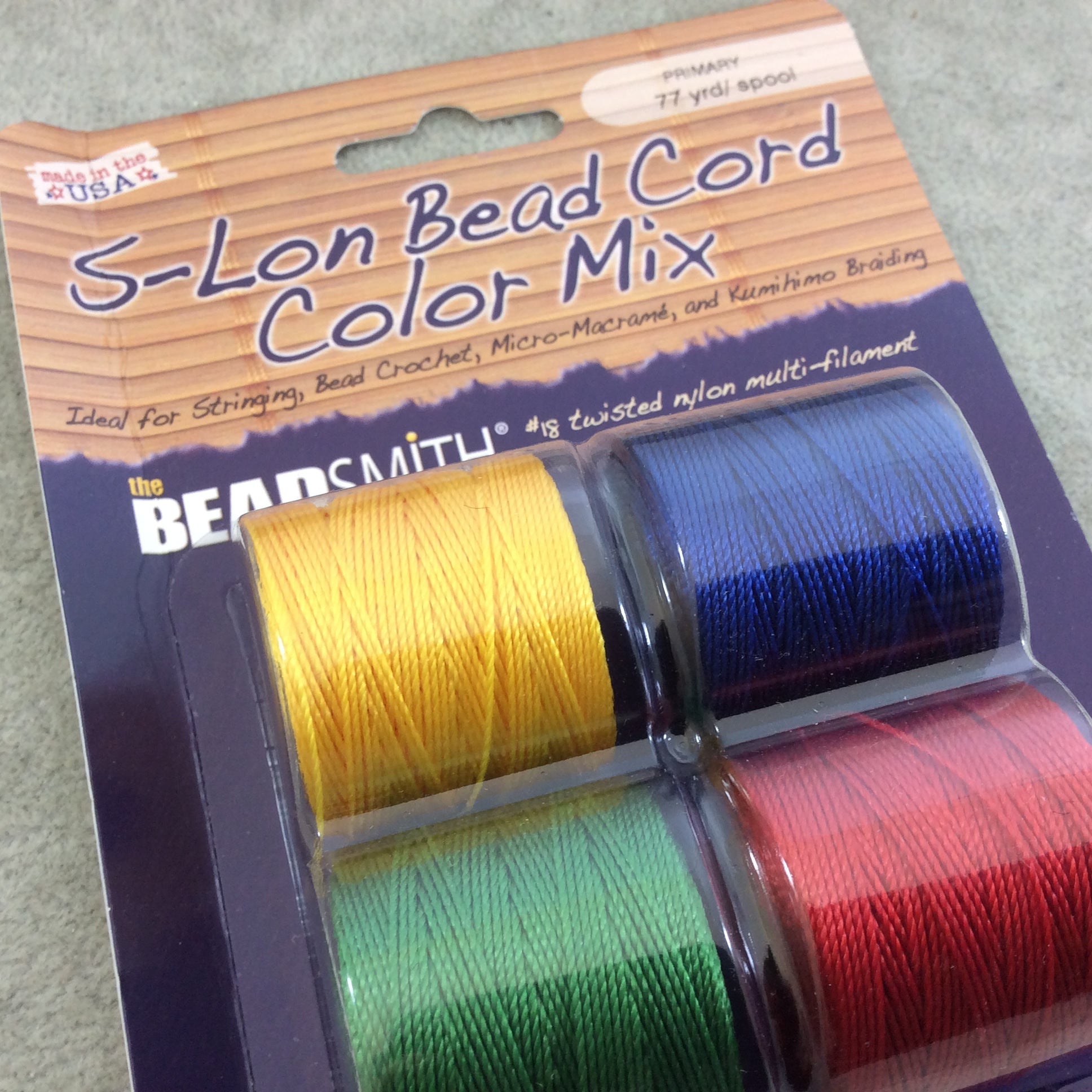 SET OF 4 - Beadsmith S-Lon 210 Color Coordinated Primary Colors Mix Nylon Macrame/Jewelry Cord Spool Set - 0.5mm Thick - (SL210-MIX2)