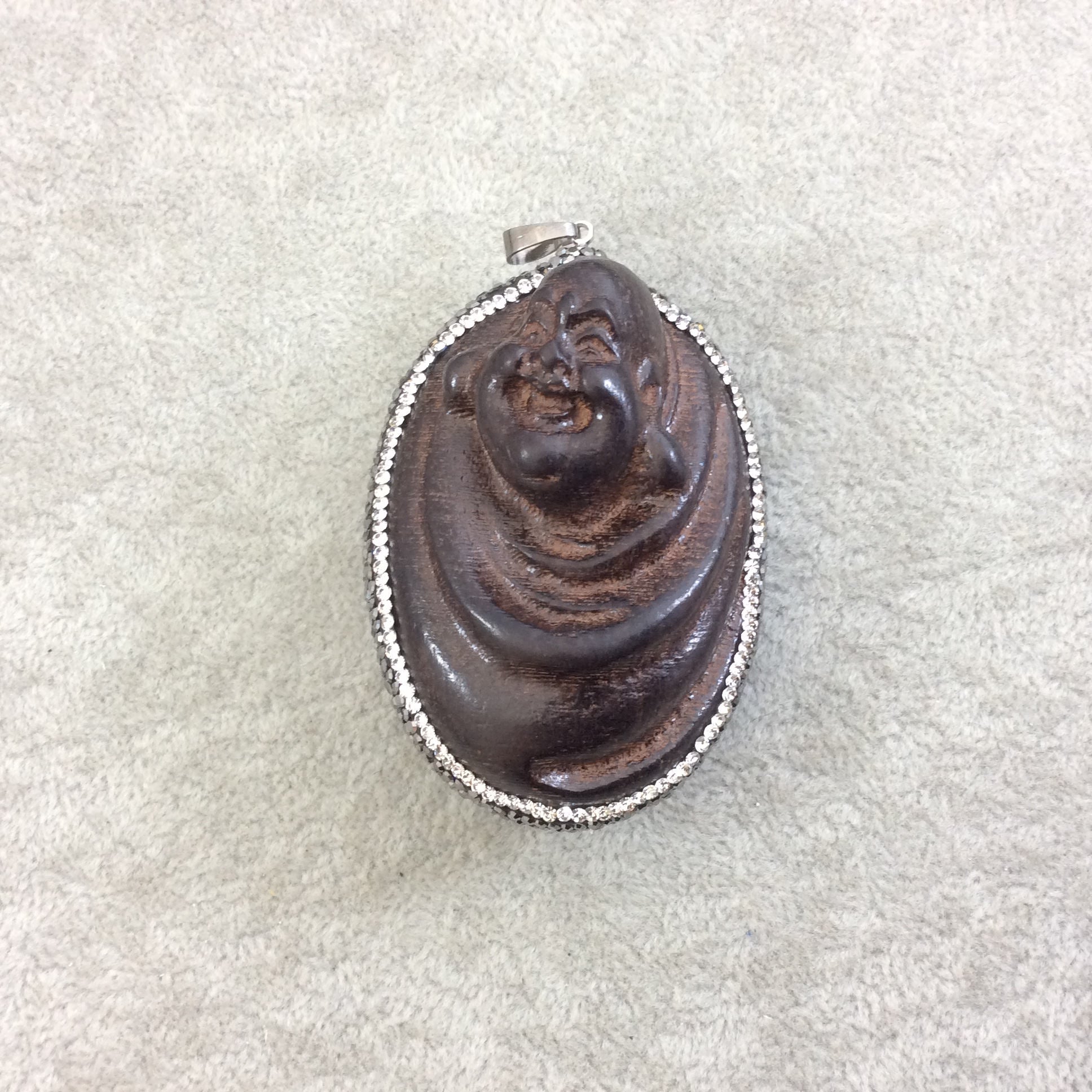 Pave Rhinestone Encrusted Buddha Shaped Resin Pendant with Gray/White Rhinestones and Gunmetal Bail - Measuring 45mm x 65mm, Approx.
