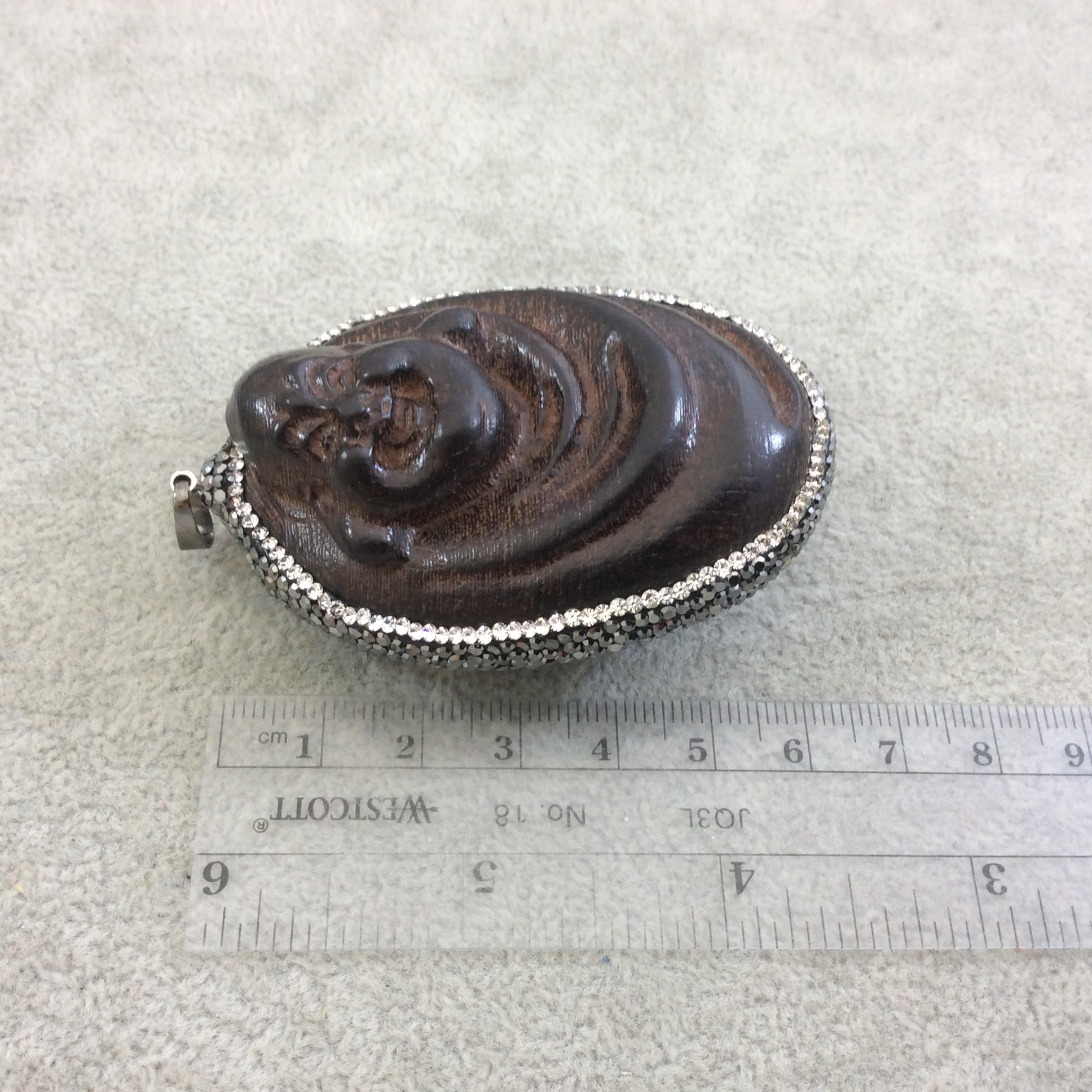 Pave Rhinestone Encrusted Buddha Shaped Resin Pendant with Gray/White Rhinestones and Gunmetal Bail - Measuring 45mm x 65mm, Approx.