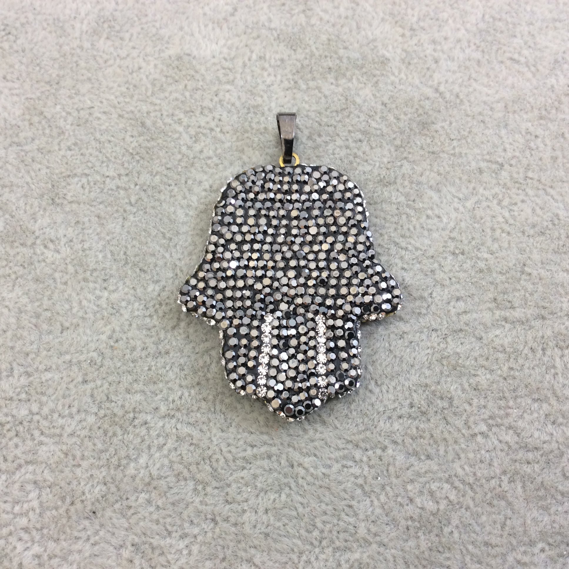 Pave Rhinestone Encrusted Hamsa Hand Shaped Focal Pendant with Gunmetal Plated Bail - Measuring 36mm x 44mm  - Sold Individually