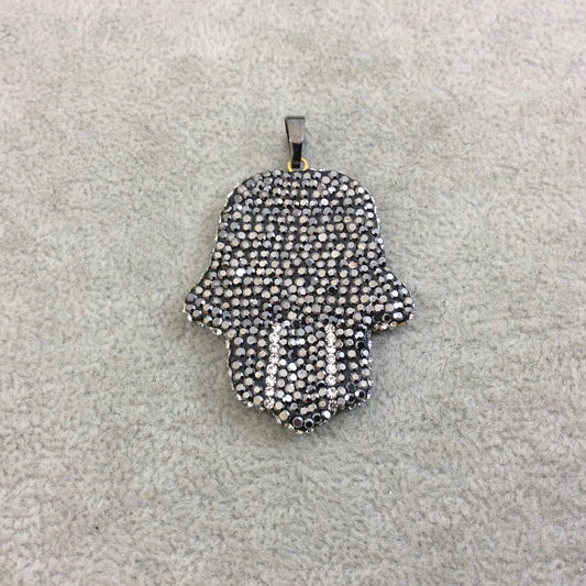 Pave Rhinestone Encrusted Hamsa Hand Shaped Focal Pendant with Gunmetal Plated Bail - Measuring 36mm x 44mm  - Sold Individually