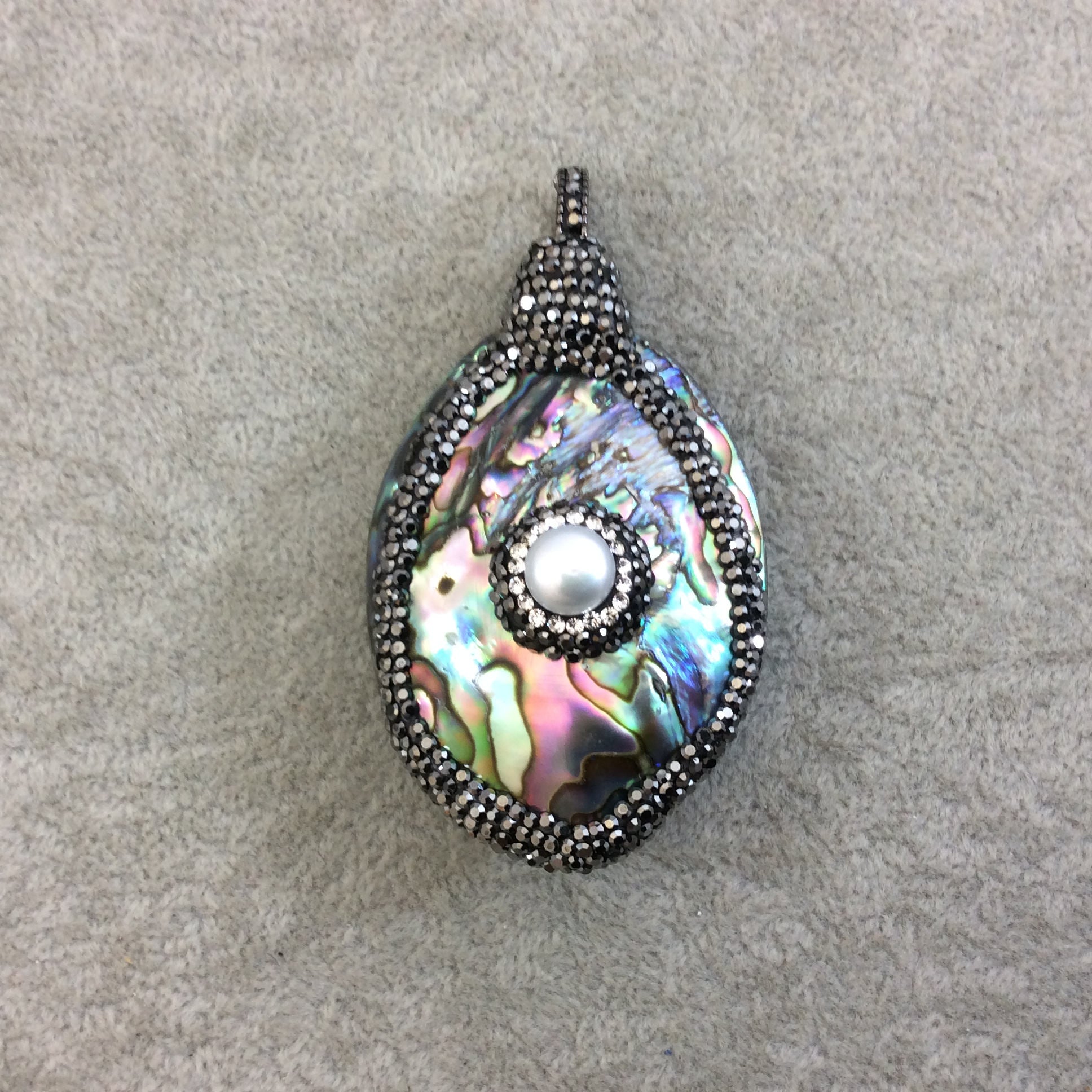 2.5" Pave Rhinestone Encrusted Freeform Shaped Rainbow Abalone Pendant with Gray Rhinestones and Pearl - Measuring 40mm x 60mm, Approx.