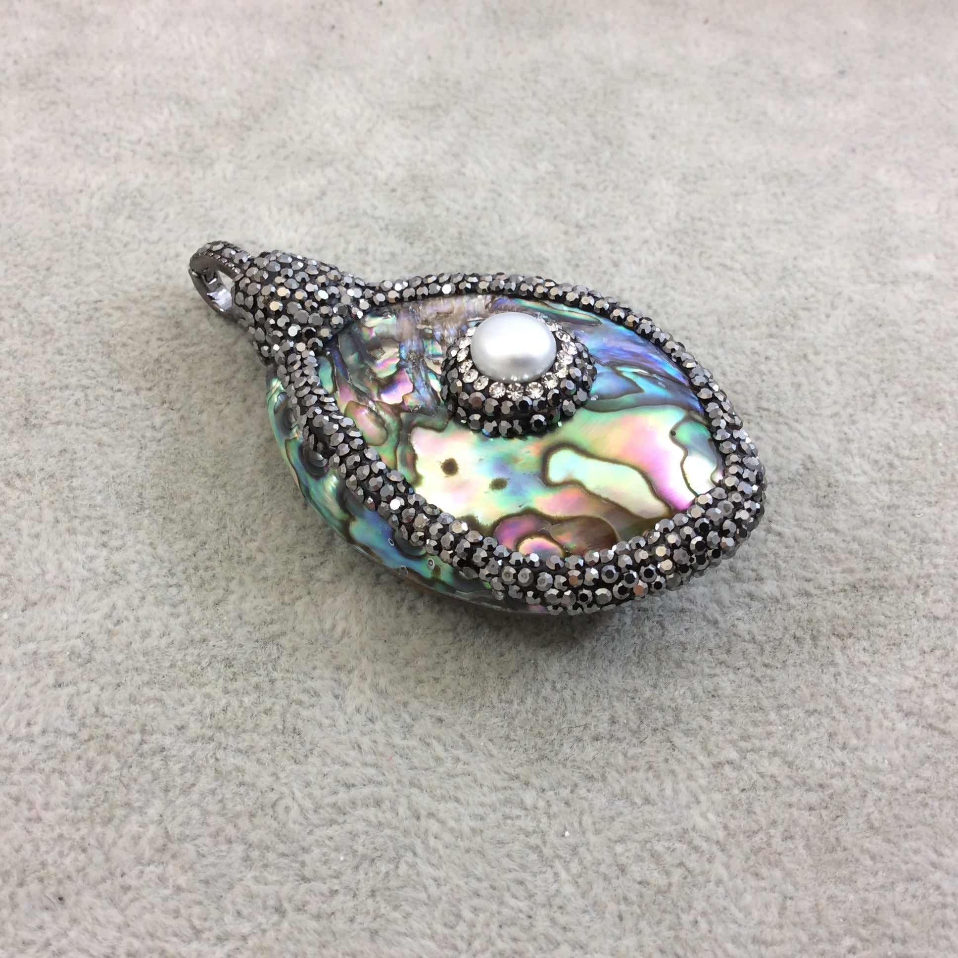 2.5" Pave Rhinestone Encrusted Freeform Shaped Rainbow Abalone Pendant with Gray Rhinestones and Pearl - Measuring 40mm x 60mm, Approx.