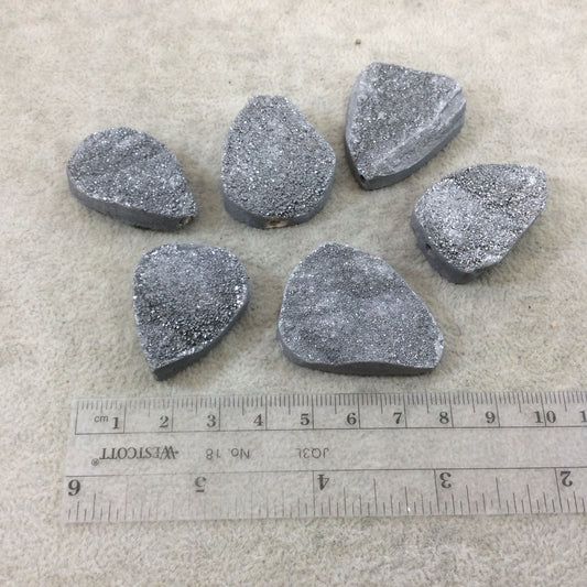 Single OOAK Metallic Silver Coated Druzy Stone Teardrop Shaped Drilled Beads - Measuring 30-40mm Long, Approx. - Sold Individually, Random
