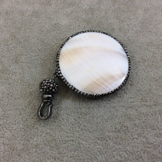 Rhinestone Encrusted Coin/Disc Shaped Pendant with Natural White Shell Inlay on Reverse - Measuring 43mm x 43mm - Sold Individually